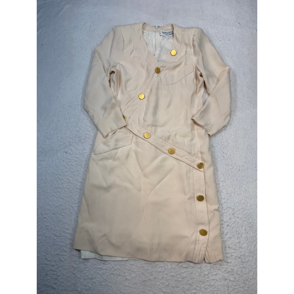 Vintage Mignon Anne Marie Gabalis Cream Asymmetrical Gold Button Dress Size 12
